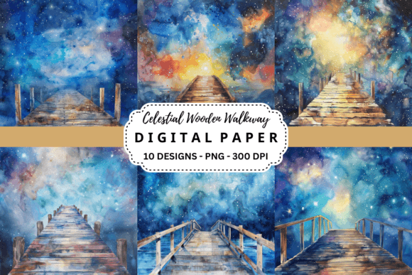 Celestial Wooden Walkway Backgrounds: Versatile Design Assets
