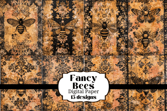 Ornate Bee Junk Journal Backgrounds: Digital Art for Crafters